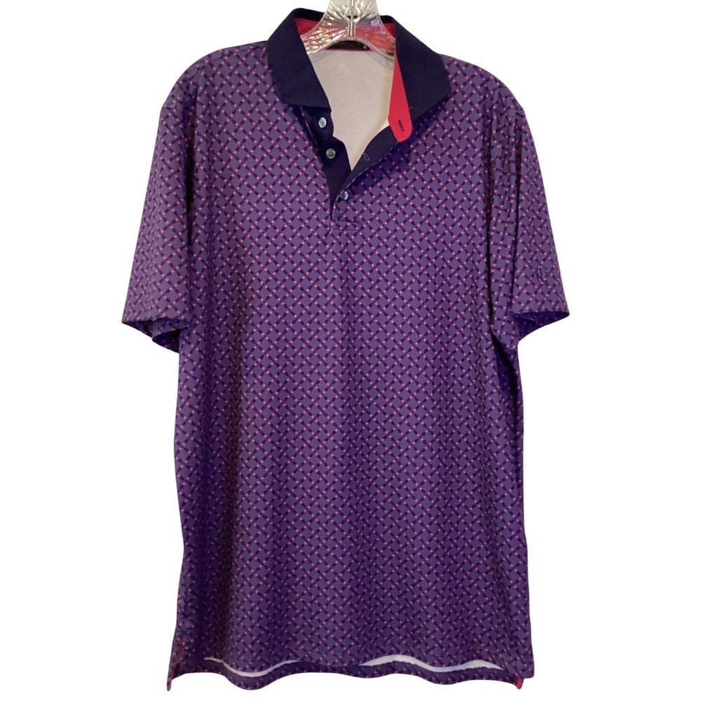 Greyson Mens Purple Blue Geometric Print Golf Polo Shirt Medium Short Sleeve